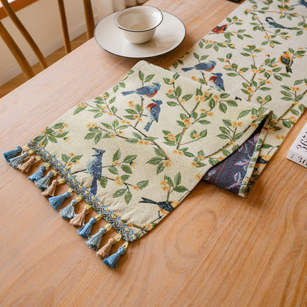 Birds & Branch Table Runner - Jacquard Woven Beige with Tassels(33X200CM).