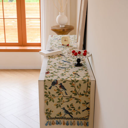 Birds & Branch Table Runner - Jacquard Woven Beige with Tassels(33X200CM).