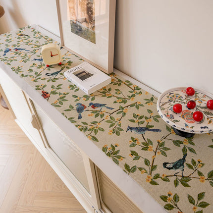 Birds & Branch Table Runner - Jacquard Woven Beige with Tassels(33X200CM).