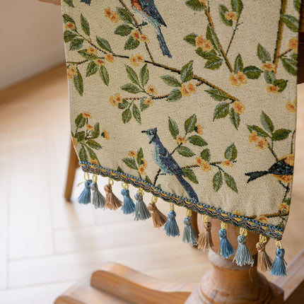 Birds & Branch Table Runner - Jacquard Woven Beige with Tassels(33X200CM).
