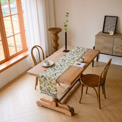 Birds & Branch Table Runner - Jacquard Woven Beige with Tassels(33X200CM).