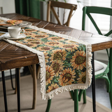 2 PCS Sunflower Table Runner with Fringe - Jacquard Woven Cotton Blend (30x120cm).