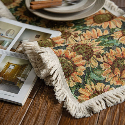 2 PCS Sunflower Table Runner with Fringe - Jacquard Woven Cotton Blend (30x120cm).