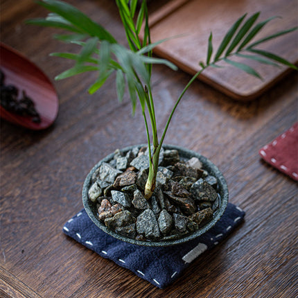 Navy Blue Chinese Style Linen Coasters - Set of 4, Hand-Embroidered Tea Mats (9x9cm).