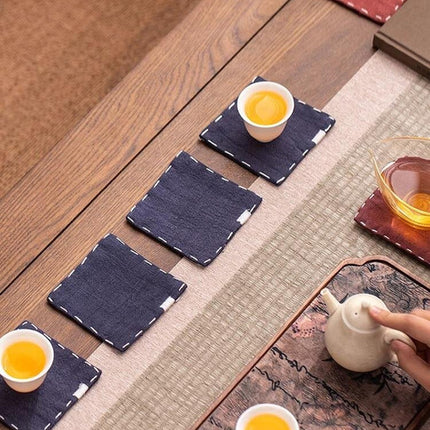 Navy Blue Chinese Style Linen Coasters - Set of 4, Hand-Embroidered Tea Mats (9x9cm).