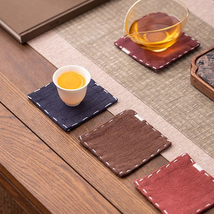 Navy Blue Chinese Style Linen Coasters - Set of 4, Hand-Embroidered Tea Mats (9x9cm).