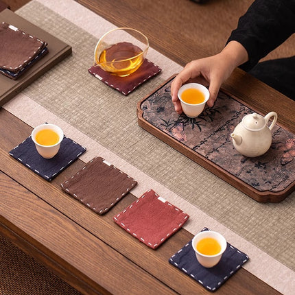 Navy Blue Chinese Style Linen Coasters - Set of 4, Hand-Embroidered Tea Mats (9x9cm).