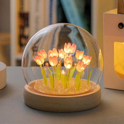 (Ten Pink Tulips) Glowing Tulip Dome Lamp -  Wooden Base, Bedside Table Decoration.