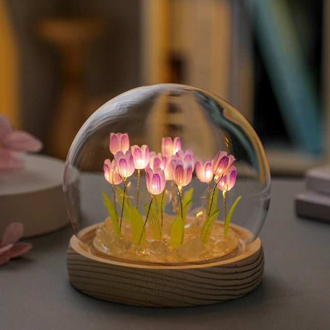 (Ten Purple Tulips) Glowing Tulip Dome Lamp -  Wooden Base, Bedside Table Decoration.