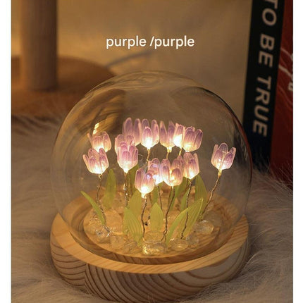 (Ten Purple Tulips) Glowing Tulip Dome Lamp -  Wooden Base, Bedside Table Decoration.
