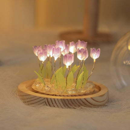 (Ten Purple Tulips) Glowing Tulip Dome Lamp -  Wooden Base, Bedside Table Decoration.