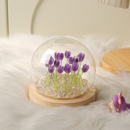 (Ten Purple Tulips) Glowing Tulip Dome Lamp -  Wooden Base, Bedside Table Decoration.
