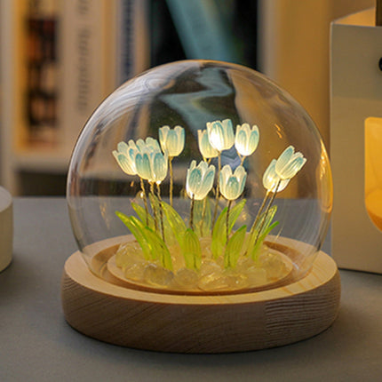 (Thirteen Blue Tulips) Glowing Tulip Dome Lamp -  Wooden Base, Bedside Table Decoration.