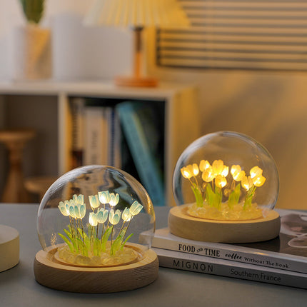(Thirteen Blue Tulips) Glowing Tulip Dome Lamp -  Wooden Base, Bedside Table Decoration.
