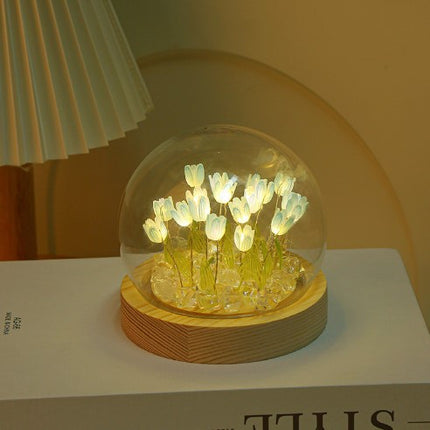 (Thirteen Blue Tulips) Glowing Tulip Dome Lamp -  Wooden Base, Bedside Table Decoration.