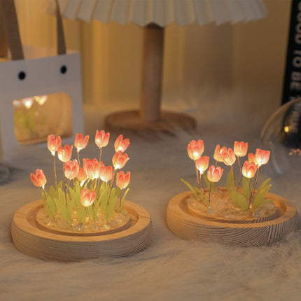 (Thirteen Pink Tulips) Glowing Tulip Dome Lamp -  Wooden Base, Bedside Table Decoration.