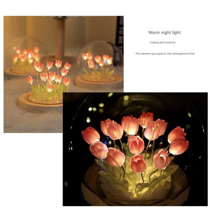 (Thirteen Pink Tulips) Glowing Tulip Dome Lamp -  Wooden Base, Bedside Table Decoration.