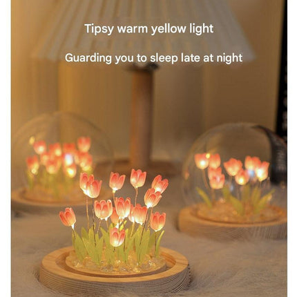 (Thirteen Pink Tulips) Glowing Tulip Dome Lamp -  Wooden Base, Bedside Table Decoration.