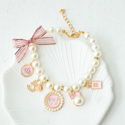 Pink 4-PCS Pearl Charm Pet Necklace - Adjustable Bowknot Collar for Small Dogs & Cats (L: 30+5CM).