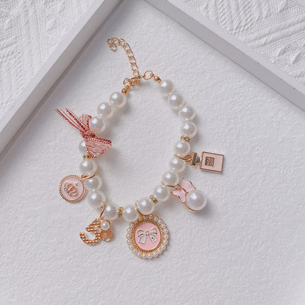 Pink 4-PCS Pearl Charm Pet Necklace - Adjustable Bowknot Collar for Small Dogs & Cats (L: 30+5CM).