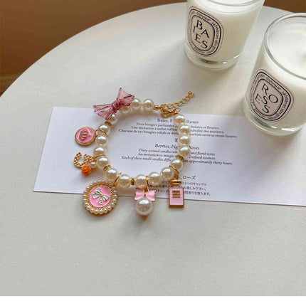 Pink 4-PCS Pearl Charm Pet Necklace - Adjustable Bowknot Collar for Small Dogs & Cats (L: 30+5CM).