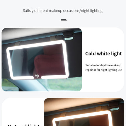 White double button Car Sun Visor Makeup Mirror with LED Light - Tri-Color, Touch Control.