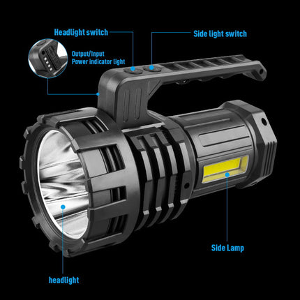Black LED Searchlight - Rechargeable Handheld Spotlight, 500m Range, Long Lasting.
