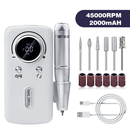 White Professional Electric Nail Drill, 45000RPM Rechargeable Nail Grinder Polisher for Salon & Home Use.
