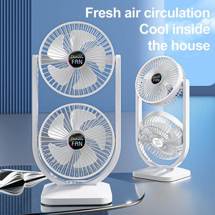 Purple Dual Head USB Rechargeable Desk Fan - Portable Double Air Circulator.