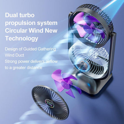 Purple Dual Head USB Rechargeable Desk Fan - Portable Double Air Circulator.