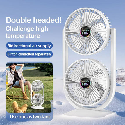 Purple Dual Head USB Rechargeable Desk Fan - Portable Double Air Circulator.