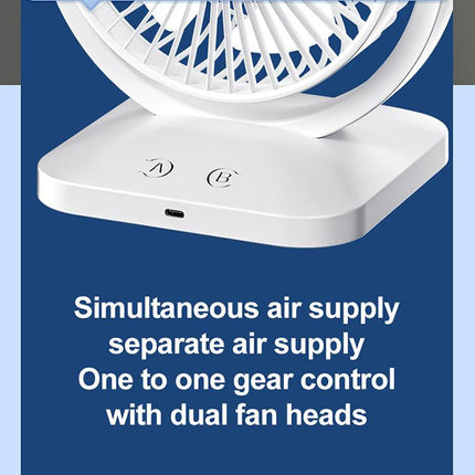 Purple Dual Head USB Rechargeable Desk Fan - Portable Double Air Circulator.