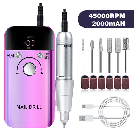 Purple High Speed Portable Nail Drill Set - Electric Nail File Set with 6 Nail Drill Bits.