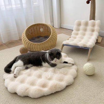Beige Plush Round Cat Mat - Soft Faux Fur Sleeping Pad (40cm Diameter).