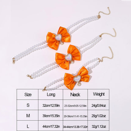 2 - PCS Cute Pet Pearl Necklace Collar with Orange Bow and Heart Charm - Size M.