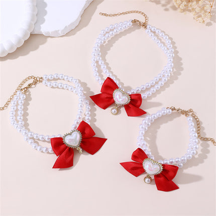 2 - PCS Cute Pet Pearl Necklace Collar with Red Bow and Heart Charm - Size M.