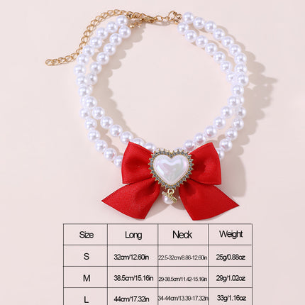 2 - PCS Cute Pet Pearl Necklace Collar with Red Bow and Heart Charm - Size M.