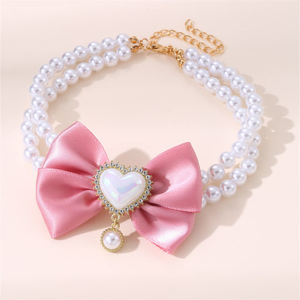 2 - PCS Cute Pet Pearl Necklace Collar with Pink Bow and Heart Charm - Size M.