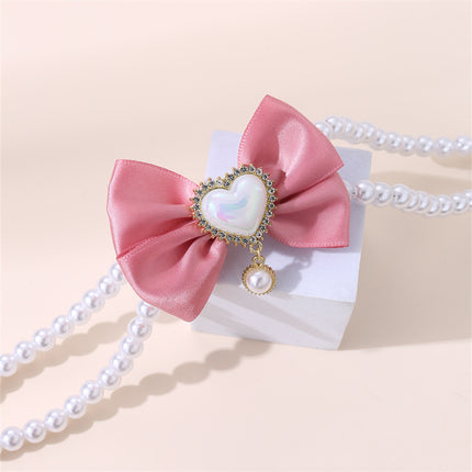 2 - PCS Cute Pet Pearl Necklace Collar with Pink Bow and Heart Charm - Size M.