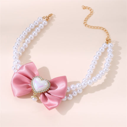 2 - PCS Cute Pet Pearl Necklace Collar with Pink Bow and Heart Charm - Size M.