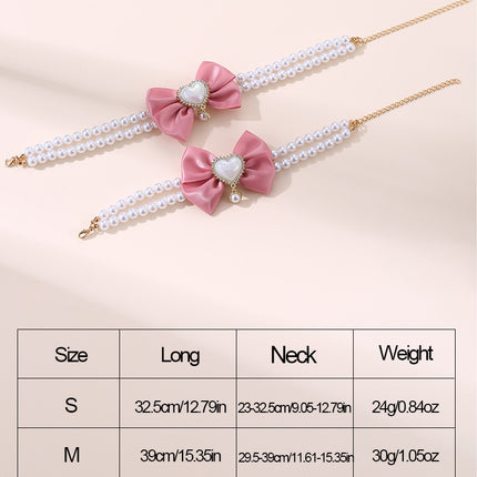 2 - PCS Cute Pet Pearl Necklace Collar with Pink Bow and Heart Charm - Size M.