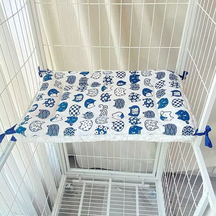 Tie-On Cat Cage Platform Pad - Blue cat pattern on white background (30x75cm).