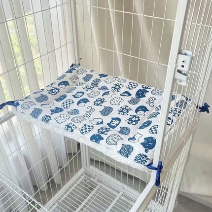Tie-On Cat Cage Platform Pad - Blue cat pattern on white background (30x75cm).
