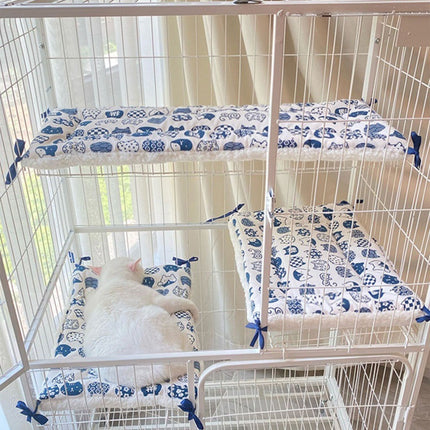Tie-On Cat Cage Platform Pad - Blue cat pattern on white background (30x75cm).