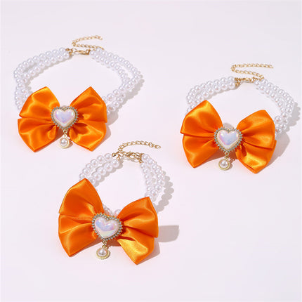 2 - PCS Cute Pet Pearl Necklace Collar with Orange Bow and Heart Charm - Size L.