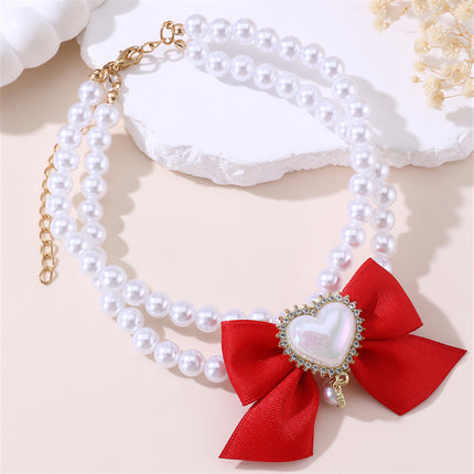 2 - PCS Cute Pet Pearl Necklace Collar with Red Bow and Heart Charm - Size L.