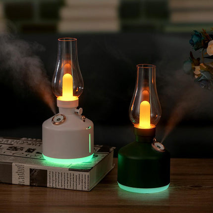 White Retro Kerosene Lamp Humidifier - Rechargeable Cool Mist Maker with Dimmable Light.