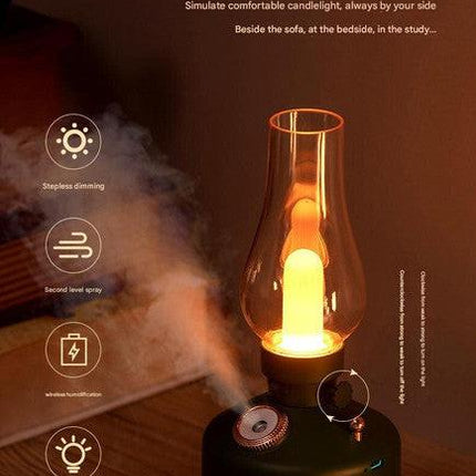 White Retro Kerosene Lamp Humidifier - Rechargeable Cool Mist Maker with Dimmable Light.