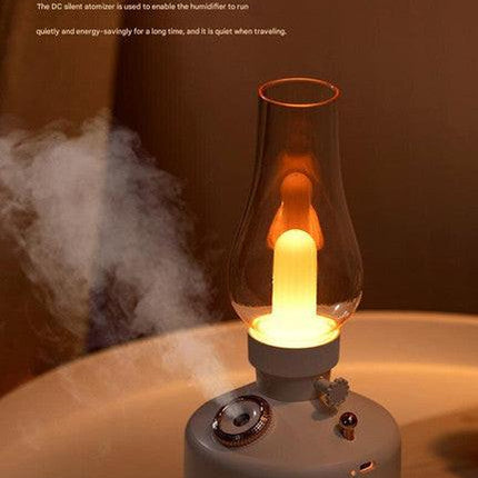 White Retro Kerosene Lamp Humidifier - Rechargeable Cool Mist Maker with Dimmable Light.