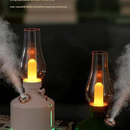 White Retro Kerosene Lamp Humidifier - Rechargeable Cool Mist Maker with Dimmable Light.